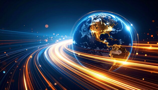 Abstract Earth with Fire Trails and Backwards Spin Creating a Stunning and Soft Technological Effect