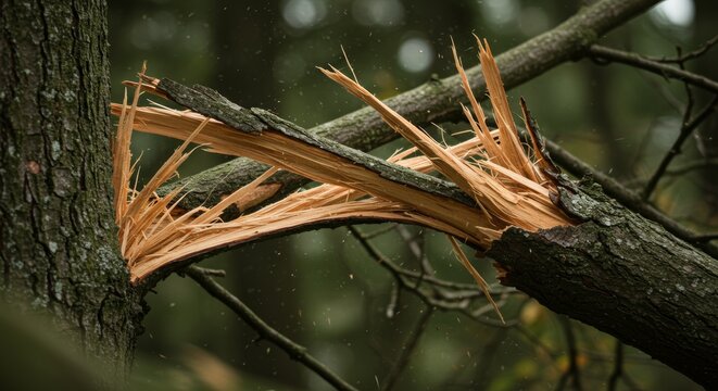 Dramatic closeup of a broken tree branch after a storm, showcasing the raw power of nature and its impact on the environment