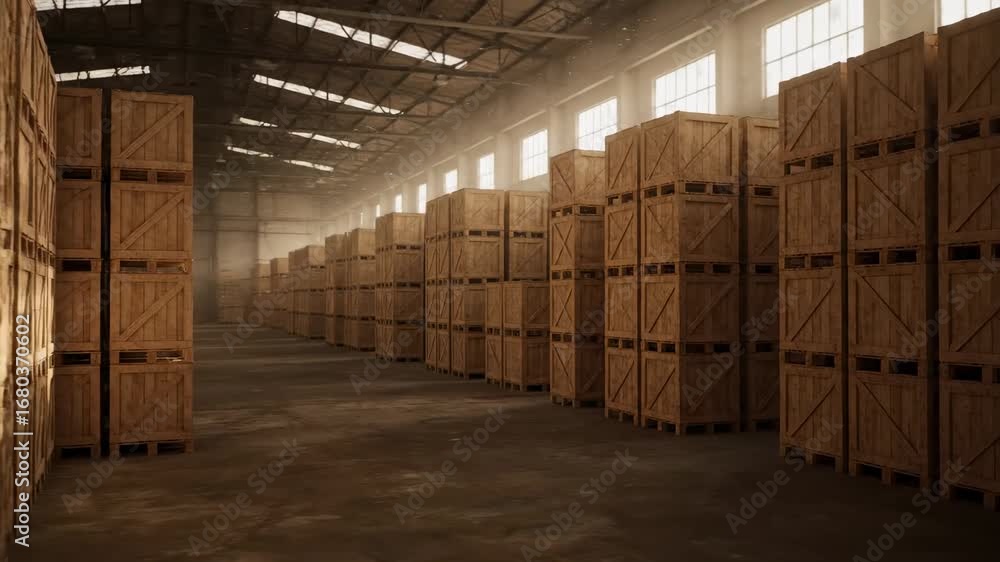 Poster wooden crates in warehouse - rows of stacked wooden crates fill a large warehouse interior. sunlight