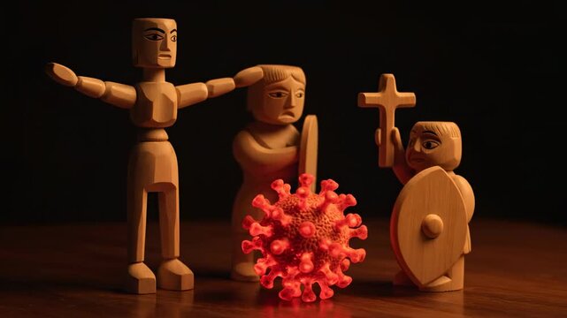Wooden Figures Confronting Virus - Three wooden figurines, one with outstretched arms, another with a shield, and a third holding a cross, stand before a glowing red virus model.