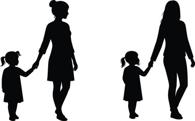Silhouette of mother and daughter holding hands, showing love, family bond, parent-child relationship, motherhood, walking together, female figures, strong connection