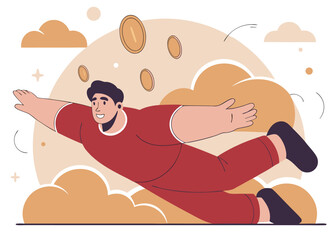 Man soaring through clouds with coins, symbolizing success, investment, and financial freedom in a flat design