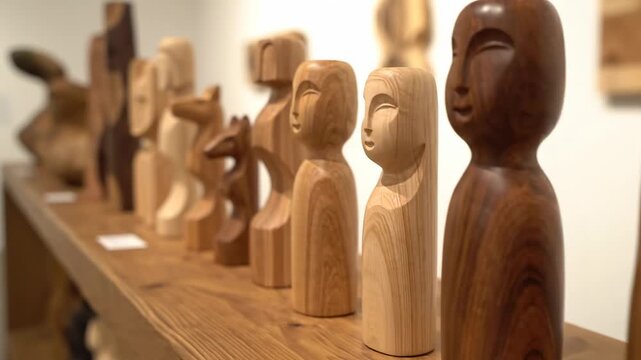 Wooden Figurines Art Collection Display - A row of handcrafted wooden figurines of varying shapes and sizes are displayed on a wooden shelf.