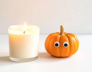 Orange pumpkin and clear glass candle on bright surface, warm soft daylight shadows, minimal cozy Halloween scene