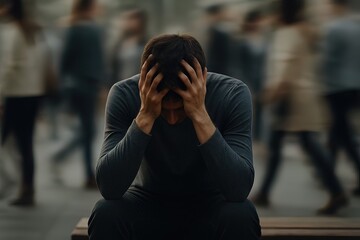 A man sits with his head in hands, overwhelmed and isolated amid a blurred crowd rushing by. Generated AI.