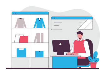 Online shopping for clothes with a man working on a computer, choosing apparel for purchase, modern e-commerce