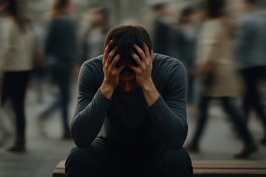 A man sits with his head in hands, overwhelmed and isolated amid a blurred crowd rushing by. Generated AI.