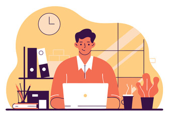 Focused professional working on laptop at modern office desk with coffee, ideal for productivity and business projects