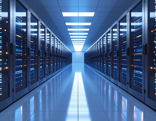 Photorealistic background of modern server racks with cool blue lighting