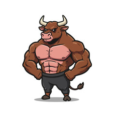 Fototapeta premium A muscular cartoon bull mascot standing confidently with hands on hips.
