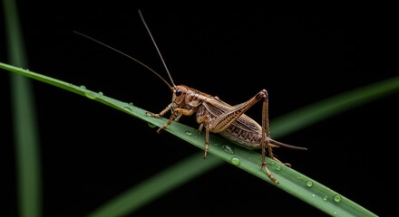 Detailed close up of a brown cricket perched on a vibrant green blade of grass with water droplets creating a striking contrast