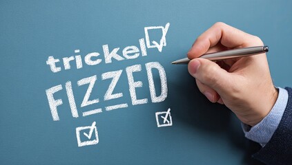Hand writing "FIZZED" on a chalkboard, with checkmarks and the word "trickle