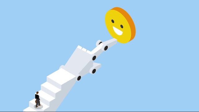 businessman walking up a ladder of a robotic arm to a smiley face 3d animation cartoon