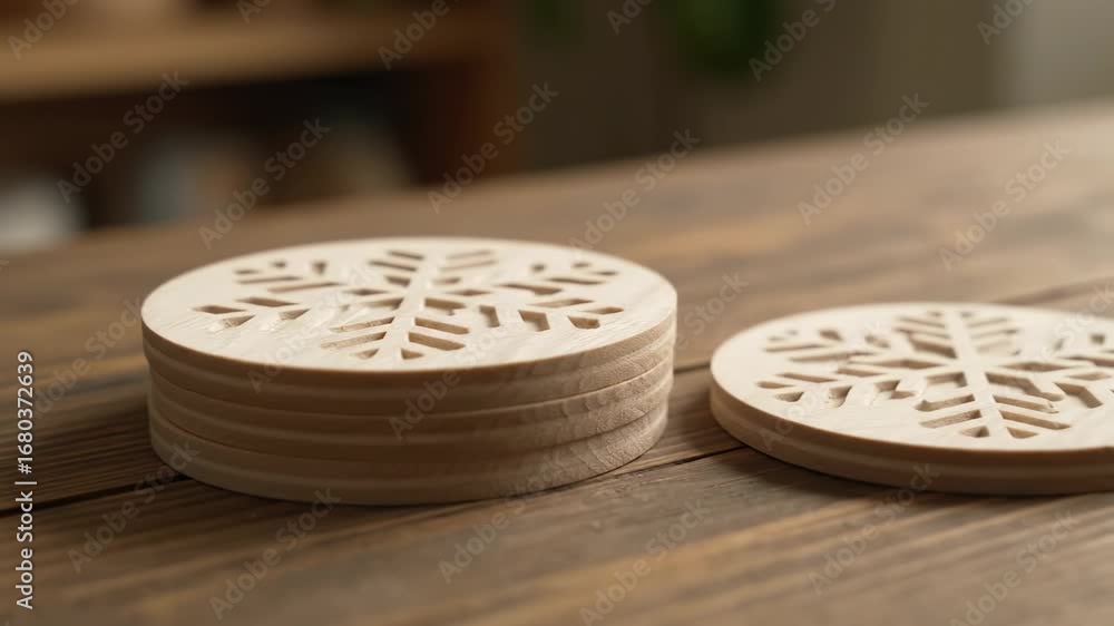 Poster wooden snowflake coasters on rustic table - close-up of a stack of round wooden coasters featuring a