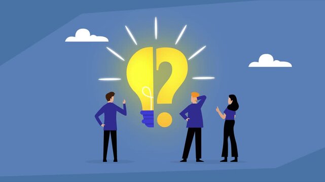 Three confused people standing around a broken light bulb that has formed a question mark, symbolizing a lack of ideas, business problems, or a lack of innovation cartoon animation