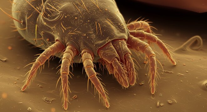 Close-Up Microscopic View of a Dust Mite with Detailed Morphology