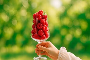 A hand holds a wine glass filled with fresh raspberries against a blurred green outdoor background. Generated AI.