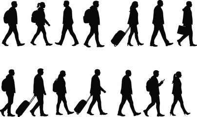 Silhouettes of business people walking with backpacks, rolling suitcases, briefcases, commuting in city, urban professionals, traveling, corporate lifestyle, business travel, busy commuters