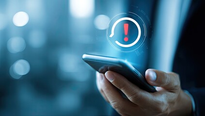 A person holds a smartphone with a red exclamation point and circular loading icon superimposed