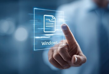 A hand touches a holographic document icon overlaid with "Windows" text