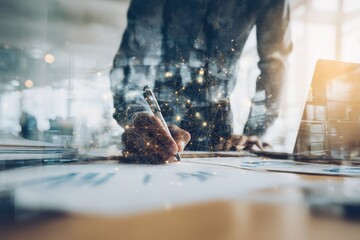 Businessperson writing on documents with overlapping cityscapes