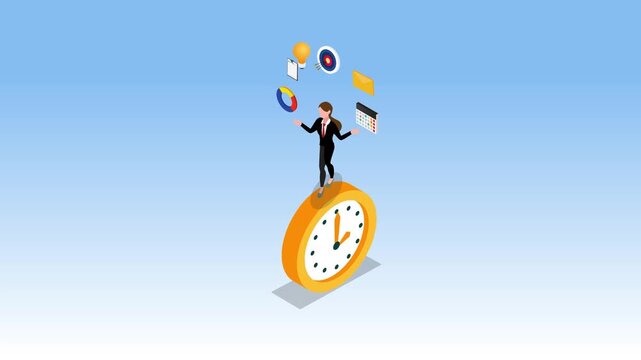 A businesswoman balancing on a clock while juggling various business tasks and icons. Concept of time management, multitasking, and efficiency 3d animation cartoon