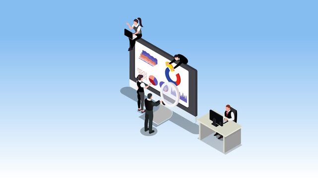 A group of business people analyzing data and financial charts on a large computer screen. Concept of data analysis, teamwork, and business intelligence 3d animation cartoon