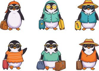 Funny cartoon penguins traveling with luggage, cute vacation characters, summer holiday trip, penguin tourists in outfits, adventure journey animals
