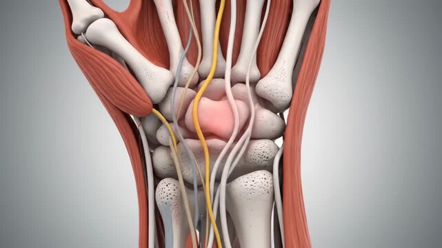 Human Wrist Anatomy: Muscles, Bones, and Nerves - Detailed 3D anatomical model of a human wrist, showcasing the intricate network of bones, muscles, and nerves.
