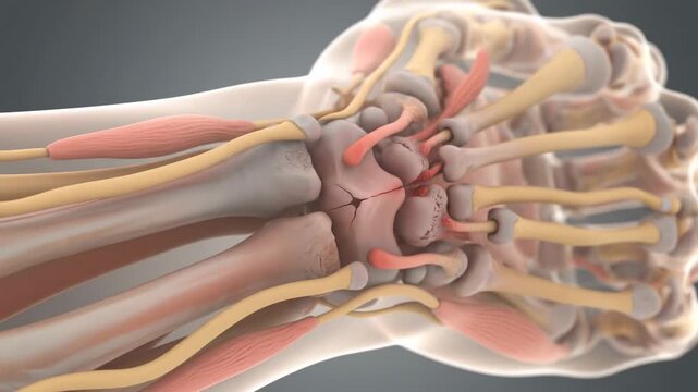 Human Wrist Anatomy: Bones, Muscles, and Ligaments - Detailed 3D anatomical model of a human wrist, showcasing the intricate network of bones, muscles, tendons, and ligaments.