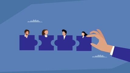 Building a Team: A Hand Puts the Last Puzzle Piece of People Together, Symbolizing Recruitment, Team Building, and Finding the Right Fit for a Company cartoon animation