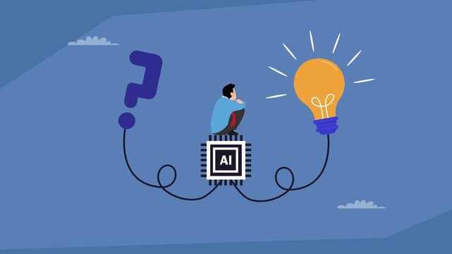 Artificial Intelligence Solution: A Man Sits on an AI Processor Connected to a Question Mark and a Lightbulb, Symbolizing AI as the Solution to Complex Problems and Ideas cartoon animation