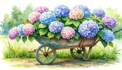 Watercolor hydrangeas in a vintage wheelbarrow.  A garden scene