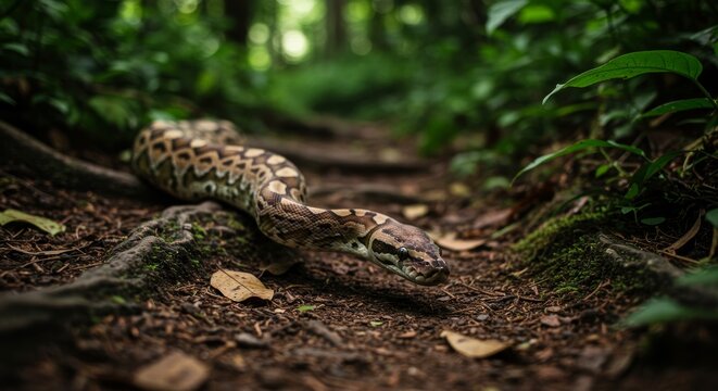 Magnificent python slithering through the lush undergrowth of a vibrant forest