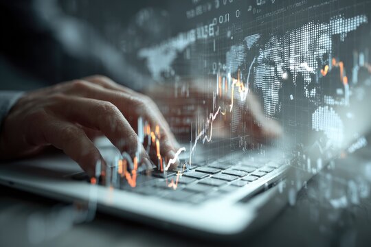 Close-up of hands typing on a laptop with financial data overlay (1)