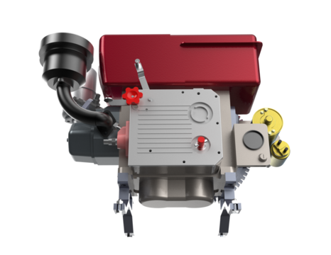 Modern Industrial Diesel Engine Assembly with Integrated Electric Starter, High-Definition Technical Drawing of Complex Mechanical Equipment, Cut Out PNG Digital Asset for Service Manuals and Design.