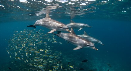 Obraz premium Dolphins and fish underwater