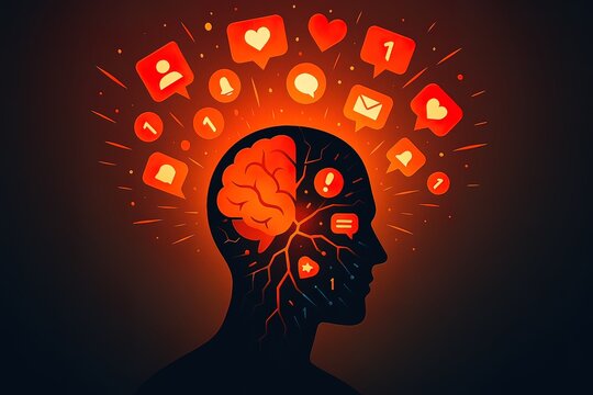 A glowing brain inside a silhouette is overwhelmed by bright social media icons, symbolizing digital addiction. Generated AI.