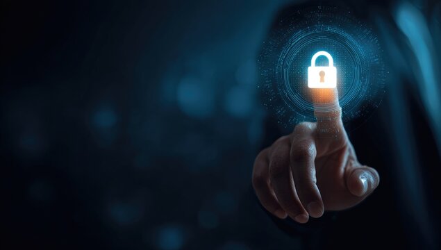 Finger touching a glowing lock icon, digital interface
