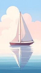 A serene sailboat glides across tranquil waters, its reflection mirroring the soft pastel hues of the idyllic sky filled with delicate clouds.