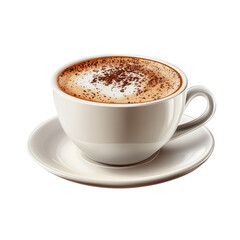 Fototapeta premium A meticulously captured cappuccino in a pristine white cup, showcasing the delicate balance of coffee, milk, and cocoa, embodies the pure essence of indulgence.