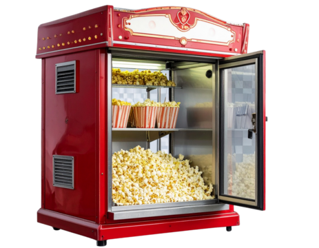  Popcorn Machine with Open Door, Butter and Kernels Displayed, Angled Side View, Isolated  (2)