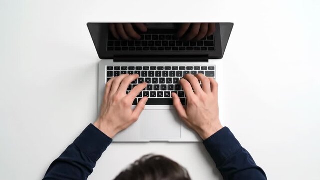 Top View Man Typing on Laptop - Overhead shot of a young man's hands typing on a laptop keyboard on a white desk. Plenty of copy space is available.