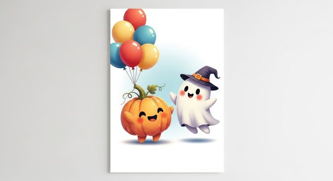 A halloween artwork with pumpkin, ghost, and balloons used for spooky festive decoration