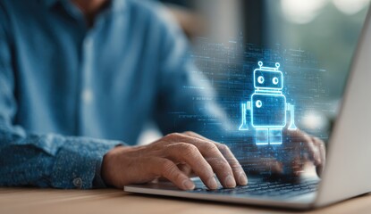 Close-up of person using laptop, robot icon overlayed on screen