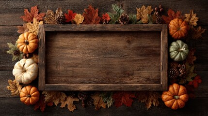 Autumn Harvest Frame: A rustic wooden frame nestled amongst a vibrant collection of autumnal elements, including pumpkins, colorful leaves and pinecones, perfect for announcements. Generative Ai