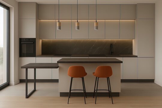 Modern minimalist kitchen with neutral tones, pendant lighting, and two orange stools at a central island. Generated AI.