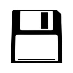 A black and white illustration of a retro computer floppy disk