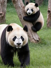Fototapeta premium Panda family playing in green forest cute wildlife natural habitat close-up perspective animal behavior