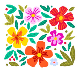 Bright colorful vector set of floral elements. Various flowers, green leaves, plants, nature.